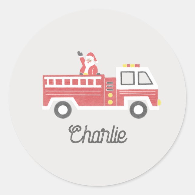 Chalk Classic Santa on a Firetruck Christmas Round Sticker (Front)