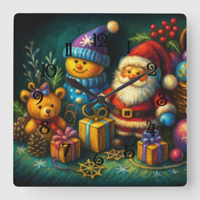Chalk Drawing Cute Christmas Scene Toys Ornaments Square Wall Clock (Front)