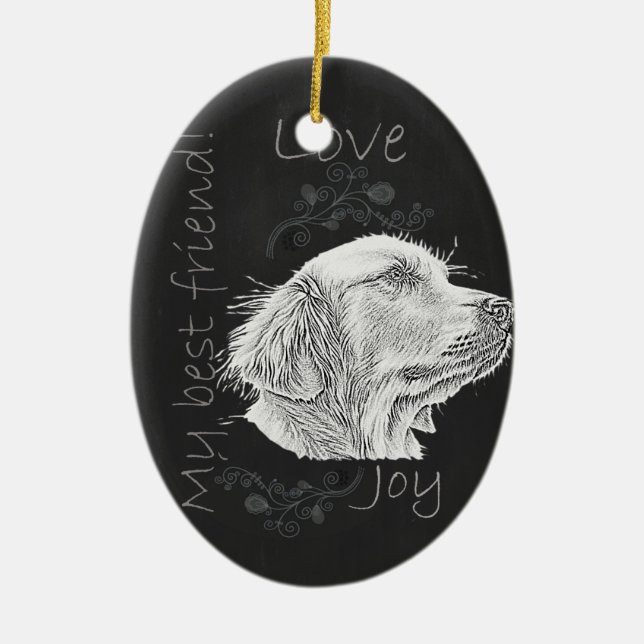 Chalk Drawing of Golden Retriever Ceramic Tree Decoration (Front)