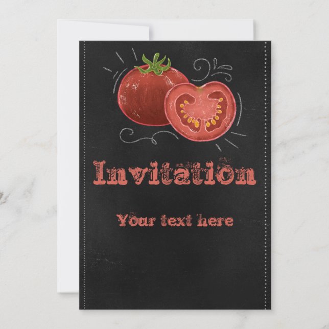 Chalk drawing of tomato on black board invitation (Front)