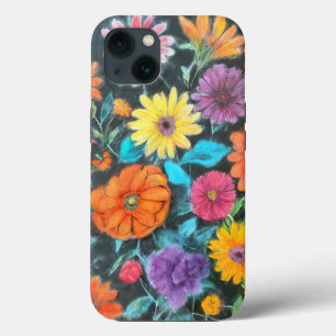 Chalk Drawing of Vibrant Flowers – Artistic Floral iPhone 13 Case