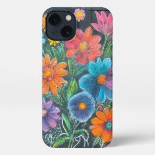 Chalk Drawing of Vibrant Flowers – Artistic Floral iPhone 13 Case