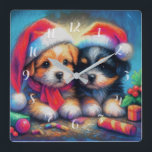 Chalk Drawing Two Cute Puppies in Santa Hats Square Wall Clock<br><div class="desc">Chalk Drawing Two Cute Puppies in Santa Hats Designed by Carrie Fink.  Printed and shipped by Zazzle or their partners.</div>