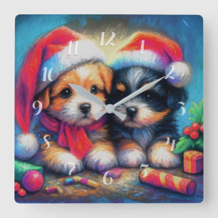 Chalk Drawing Two Cute Puppies in Santa Hats Square Wall Clock