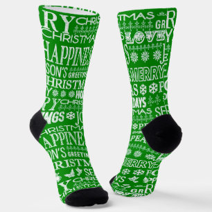 Chalk Drawn Christmas Greeting In Green And White Socks