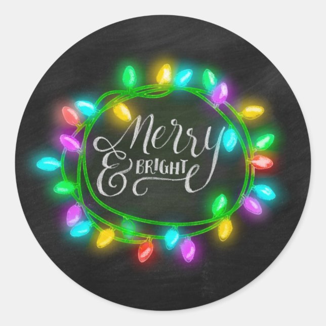 Chalk Drawn Merry and Bright with Lights Classic Round Sticker (Front)