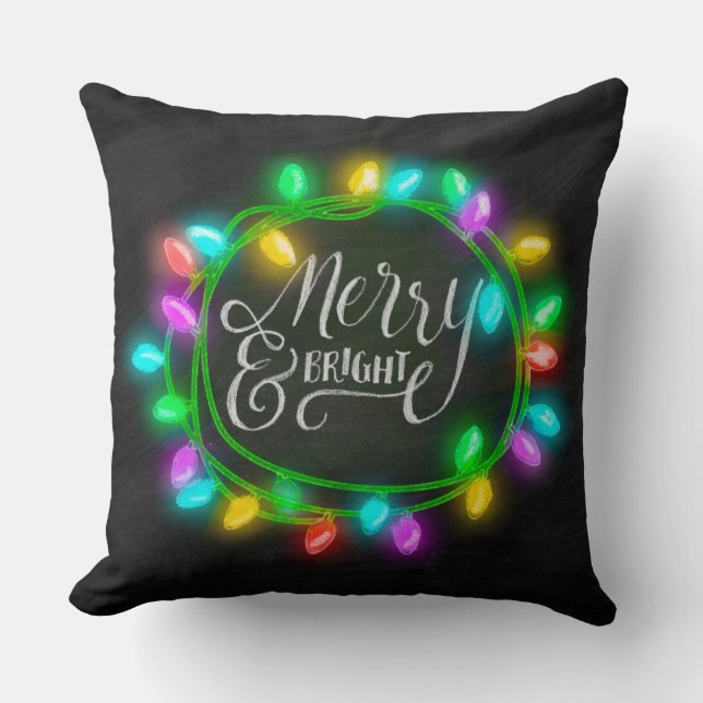 Chalk Drawn Merry and Bright with Lights Cushion (Front)