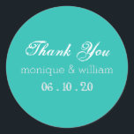 Chalk Flourish Teal Rustic Wedding Thank You Classic Round Sticker<br><div class="desc">A flourish chalkboard-style font against a purple background. Simple and sweet.</div>