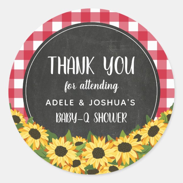 Chalk Gingham Sunflowers Baby-Q Shower Thank You Classic Round Sticker (Front)