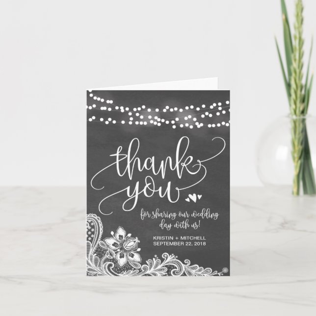 Chalk Hanging Lights & Lace Wedding Thank You Card (Front)
