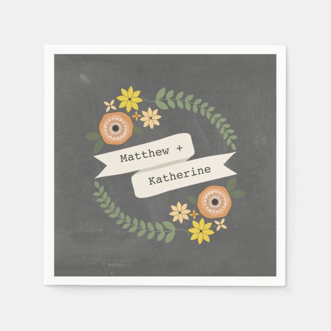 Chalk Inspired Wreath Wedding Napkins (Front)