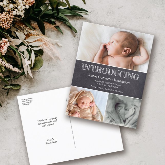  Chalk Introducing Baby Photos Birth Announcement Postcard (Introducing baby birth stats chalkboard design classic thank you postcard)