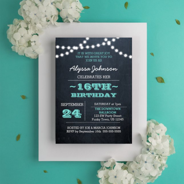 Chalk Lights Teal 16th Birthday Invitation (Creator Uploaded)