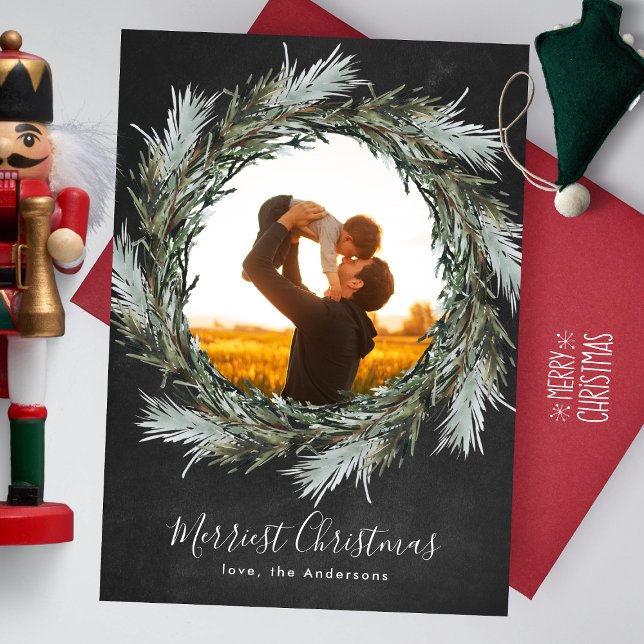Chalk Pine Wreath Christmas Holiday Photo Card (Creator Uploaded)
