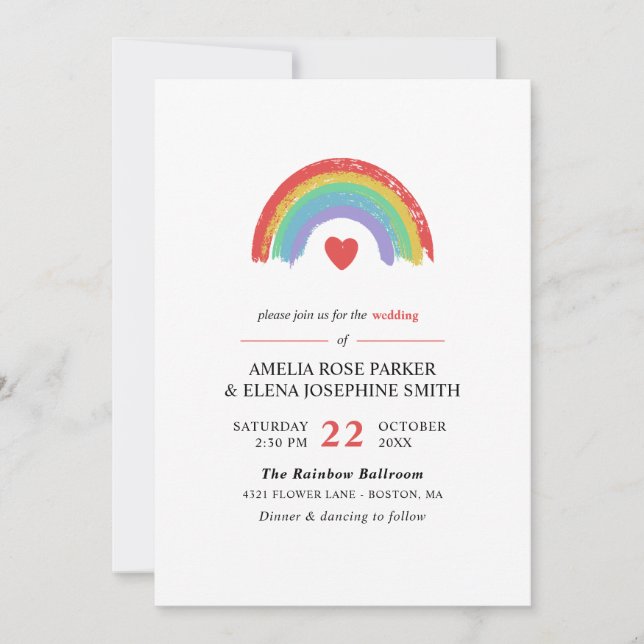 Chalk Rainbow & Heart Minimalist Gay Wedding Invitation (Front)