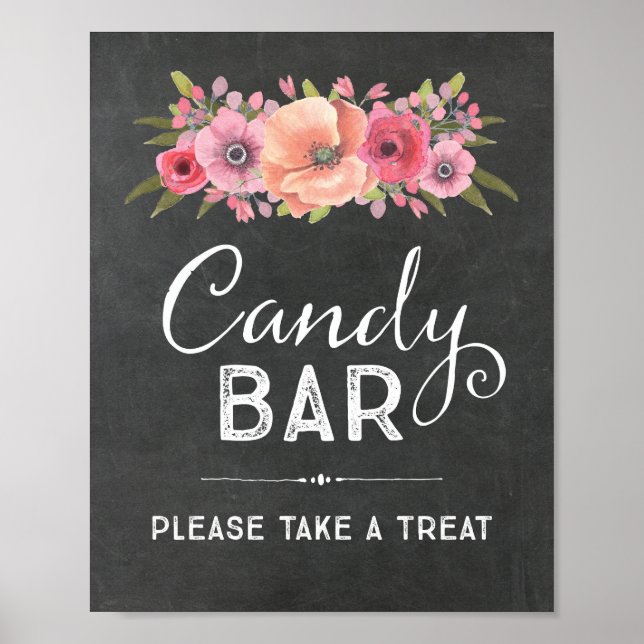 Chalk Watercolor Floral Candy Bar Wedding Sign (Front)