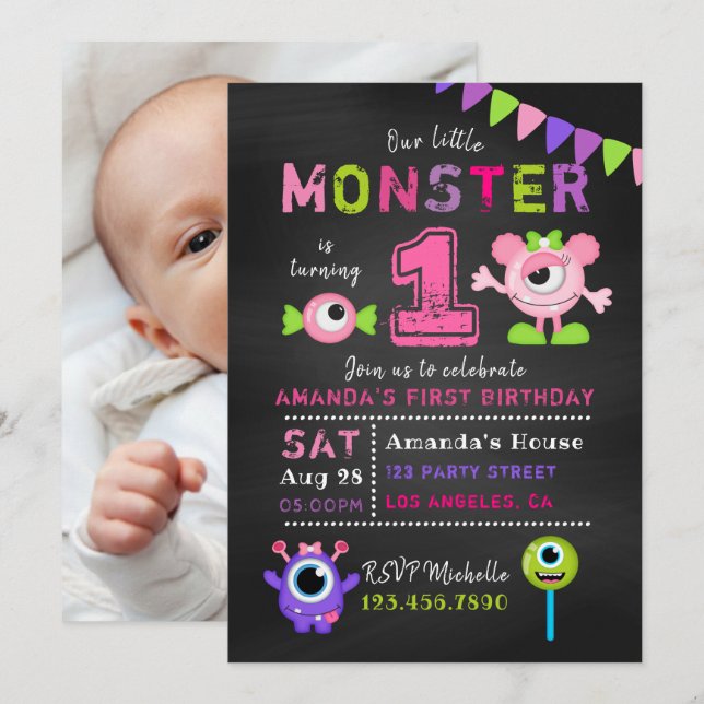 Chalkboard 1st Birthday Little Monster Girl Party Invitation (Front/Back)