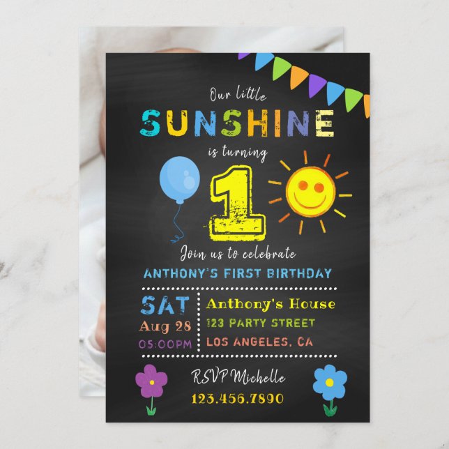 Chalkboard 1st Birthday Little Sunshine Boy Party Invitation (Front/Back)
