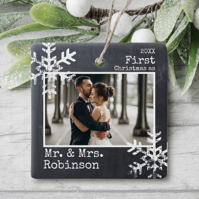 Chalkboard 1st Christmas Mr. & Mrs. Photo  Ceramic Ornament (Rustic snowflake family holiday keepsake photo ornament perfect for gifts to bring joy to others.)