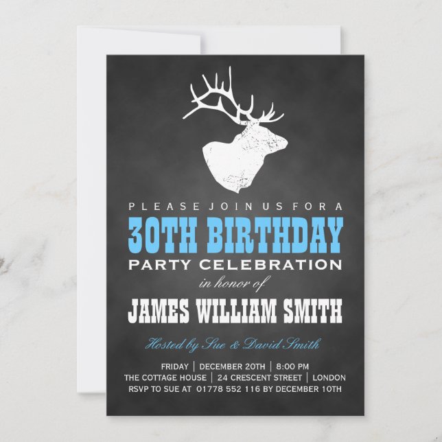 Chalkboard 30th Birthday Party Deer Black Blue Invitation (Front)