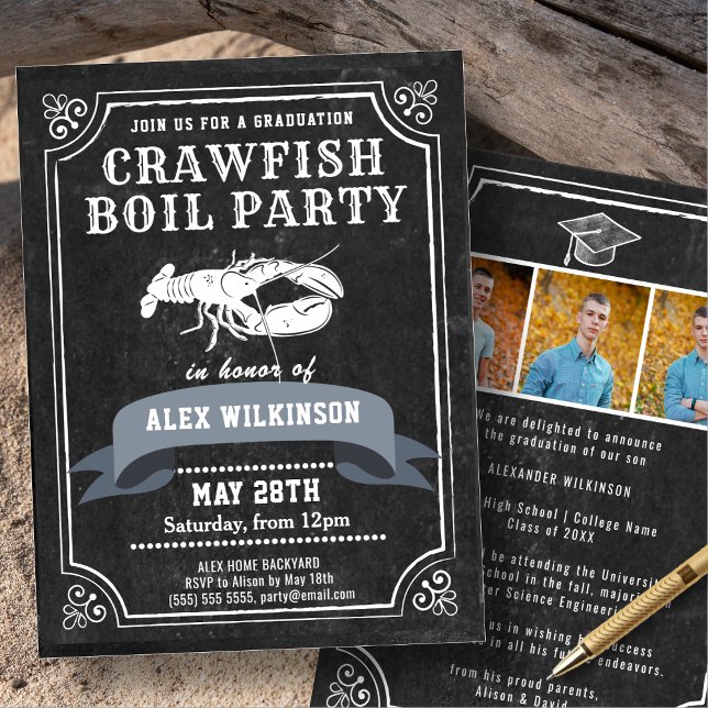 Chalkboard 3 Photo Crawfish Boil Graduation Party Invitation (Creator Uploaded)