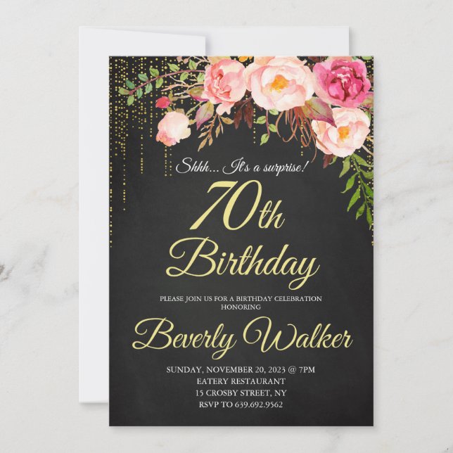 Chalkboard 70th Surprise Floral Women Birthday Invitation (Front)
