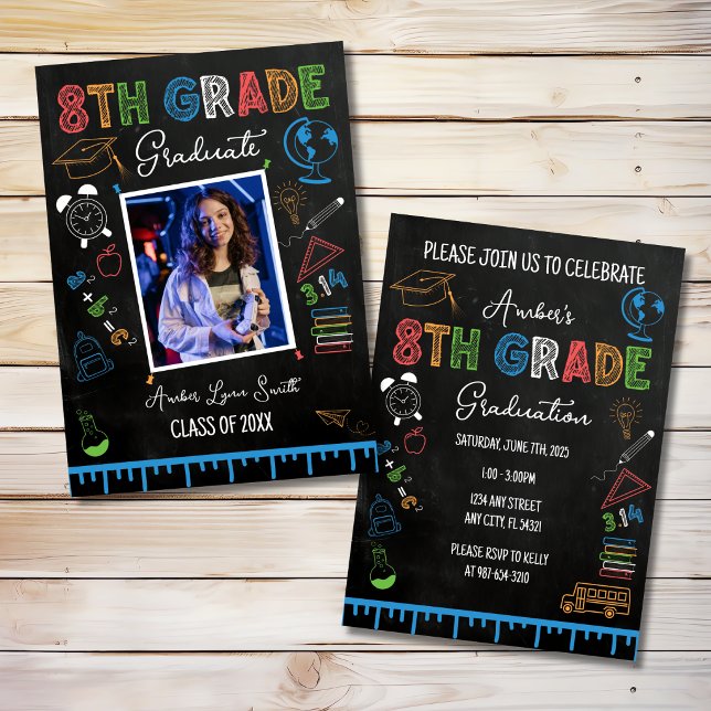 Chalkboard 8th Grade Graduation Photo Invitation (Creator Uploaded)