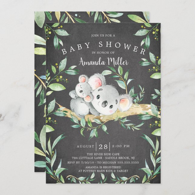 Chalkboard Adorable Koala Bear Baby Shower Invitation (Front/Back)