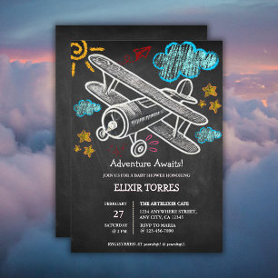 Chalkboard Adventure Awaits Aeroplane Baby Shower Invitation