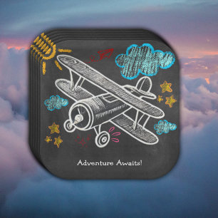 Chalkboard Adventure Awaits Aeroplane Baby Shower Paper Plate