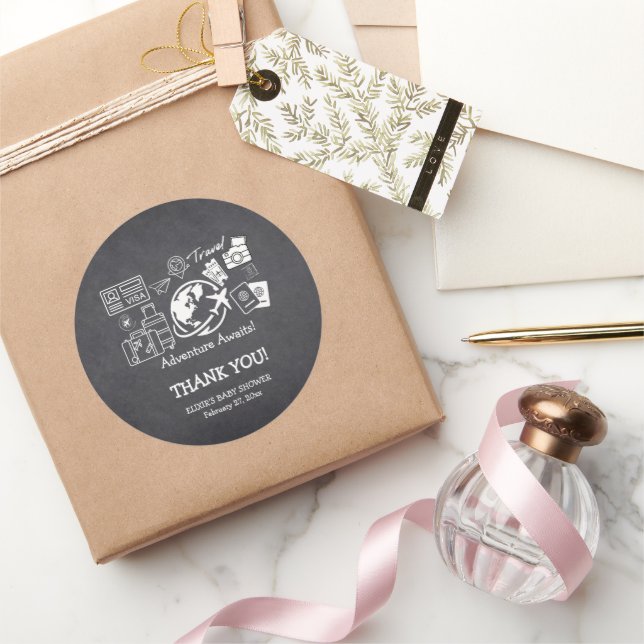 Chalkboard Adventure Awaits Baby Shower Classic Round Sticker (Gifting)