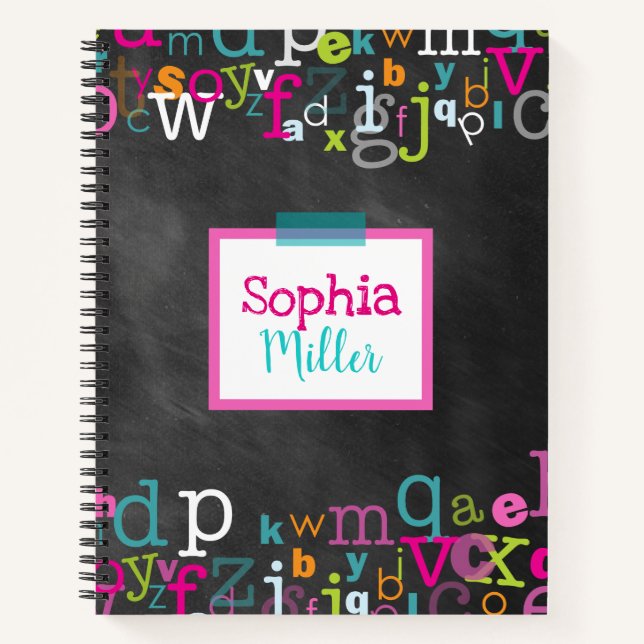 Chalkboard Alphabet Girl's Personalised Spiral Notebook (Front)