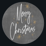 Chalkboard and Faux Gold Glitter Merry Christmas Classic Round Sticker<br><div class="desc">Add a festive touch to your holiday cards and Christmas presents with this trendy sticker featuring a chalkboard style background and sparkling faux gold glitter accents.</div>