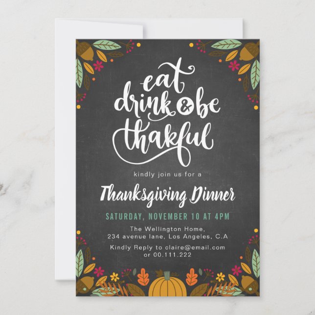 chalkboard and foliage script thanksgiving dinner invitation (Front)