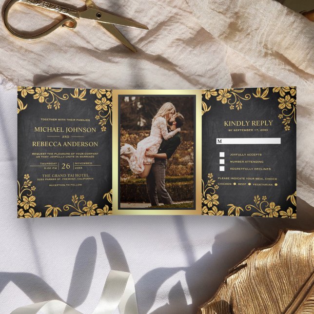 Chalkboard and Gold Foil Floral Leaves Wedding Tri-Fold Invitation (Creator Uploaded)