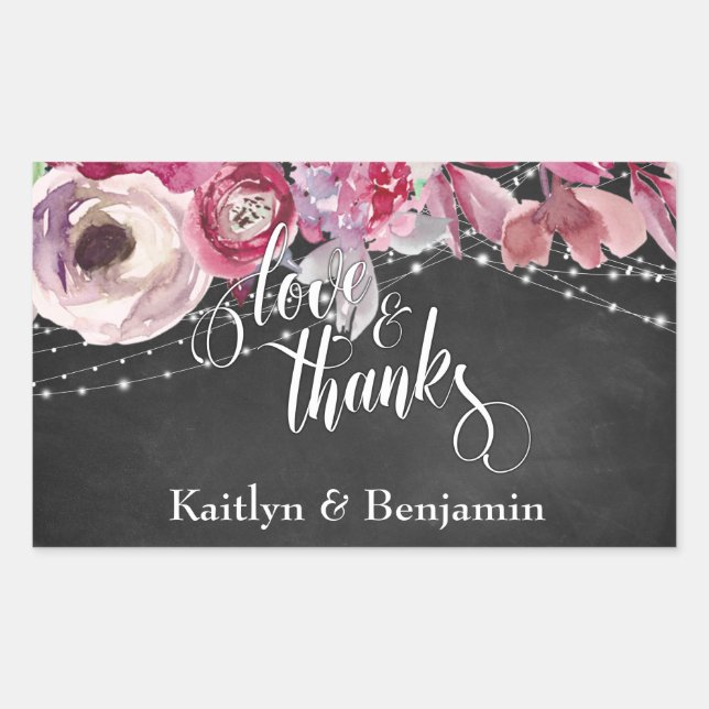 Chalkboard and Lights, Pink Flowers Love & Thanks Rectangular Sticker (Front)