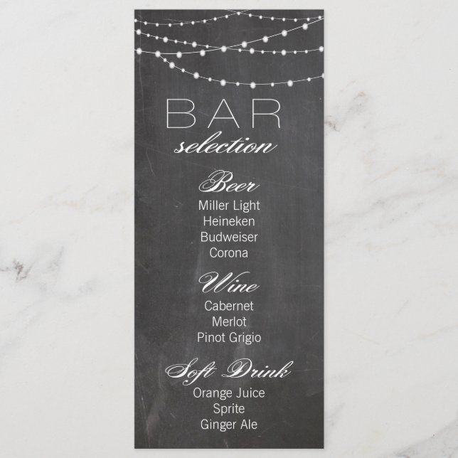Chalkboard and string lights Wedding Bar Menu (Front)