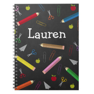 Chalkboard Apple Rainbow Pencil Crayons Paper Clip Spiral Notebook