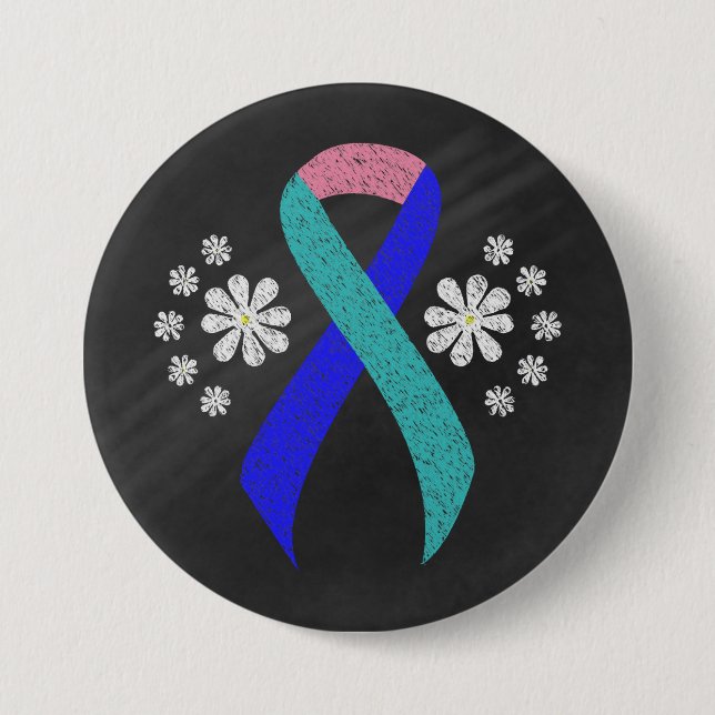 Chalkboard Awareness Teal/Pink/Blue Ribbon 7.5 Cm Round Badge (Front)