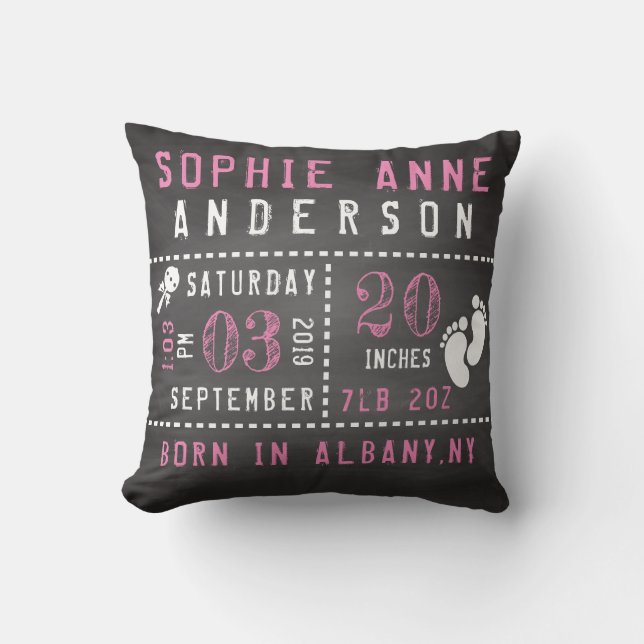 Chalkboard Baby Girl Birth Announcement Cushion (Front)
