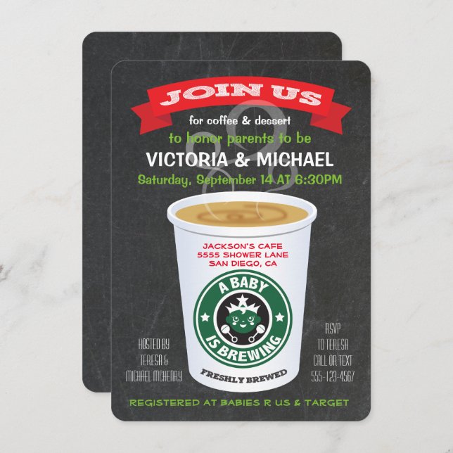 Chalkboard Baby is Brewing Coffee Baby Shower Invitation (Front/Back)