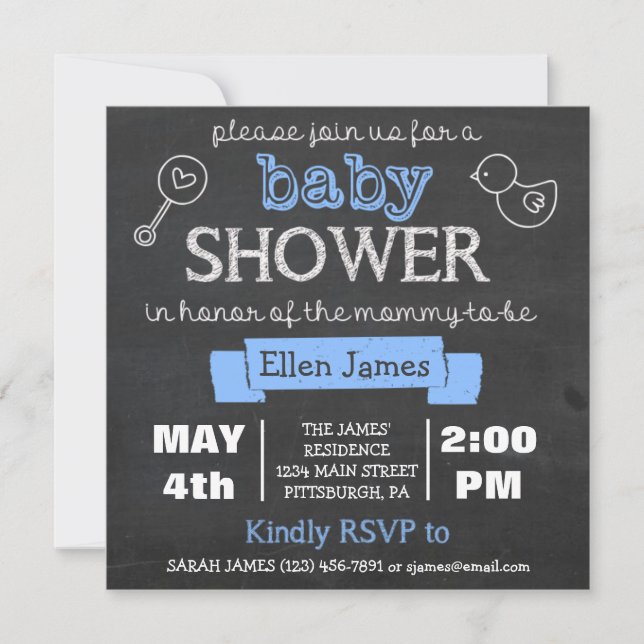 Chalkboard Baby Shower Boy Blue Invitation (Front)