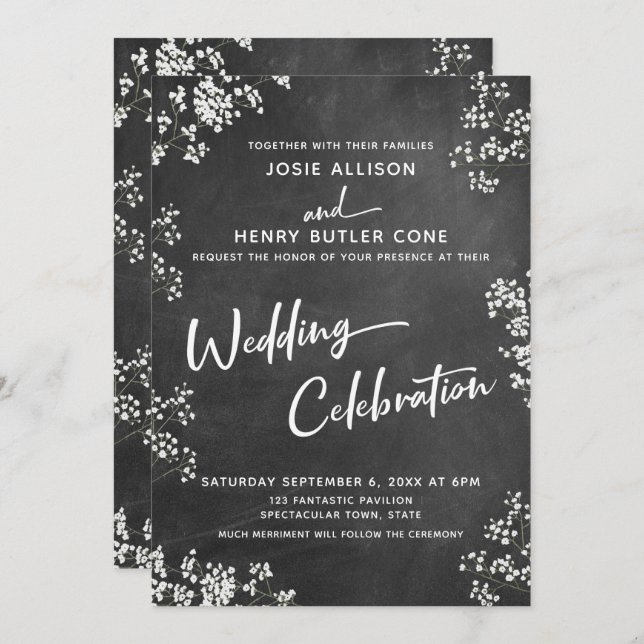 Chalkboard Baby's Breath Wedding Celebration Invitation (Front/Back)