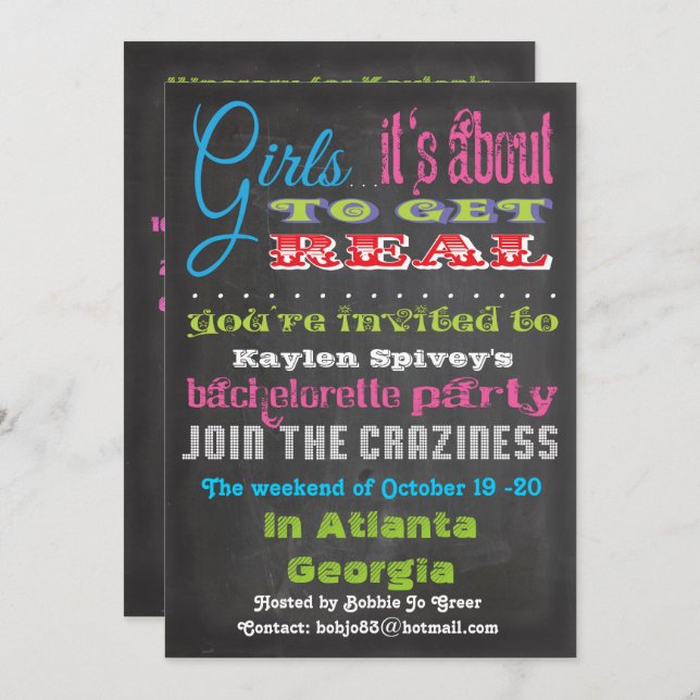 Chalkboard Bachelorette Party Invitations (Front/Back)