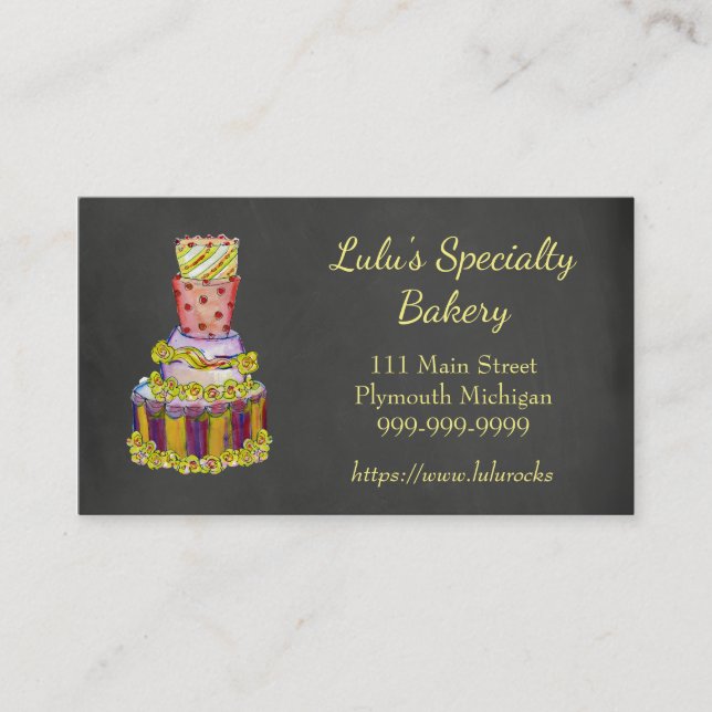 Chalkboard Bakery Business Card with Fancy Cake (Front)