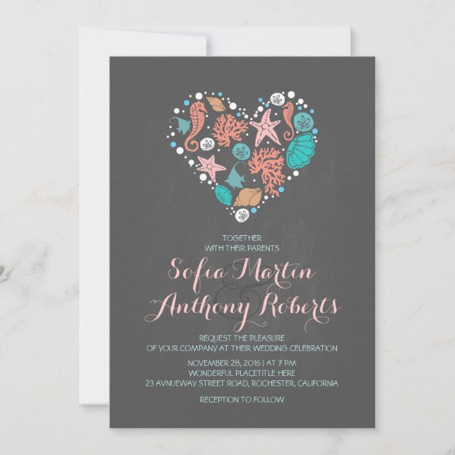 chalkboard beach wedding invitation sea heart (Front)