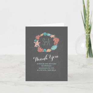 Chalkboard beach wreath initials wedding thank you card
