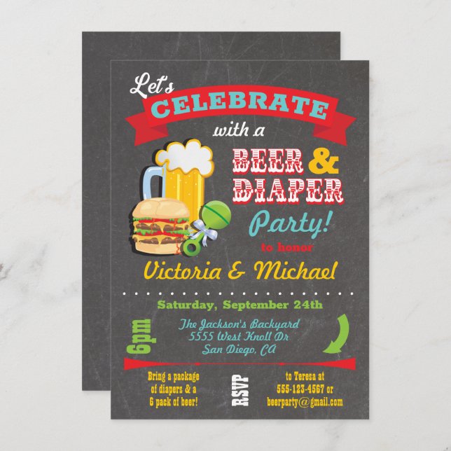 Chalkboard Beer and Diaper Baby Shower  Invitation (Front/Back)