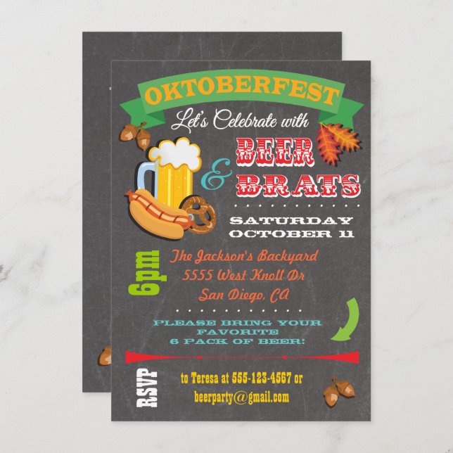 Chalkboard Beer, Brats Octoberfest Party Invites (Front/Back)