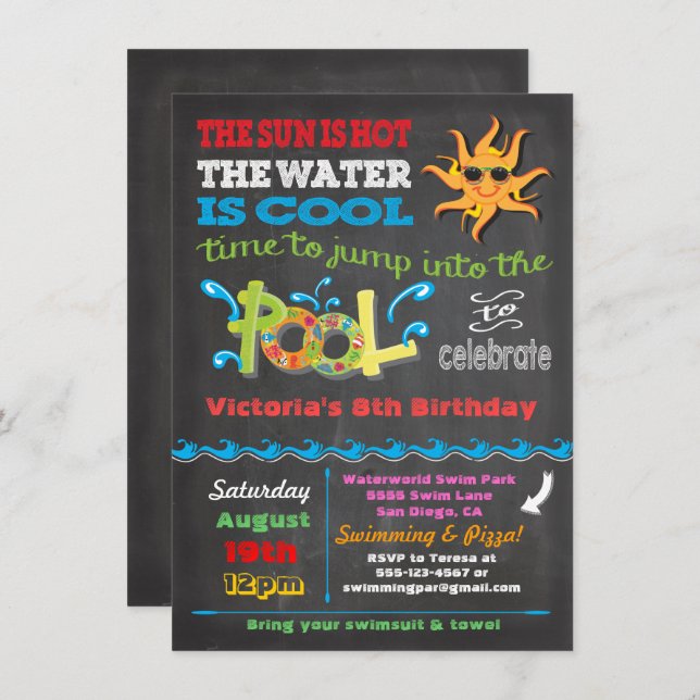 Chalkboard Birthday Pool Party Invitation (Front/Back)